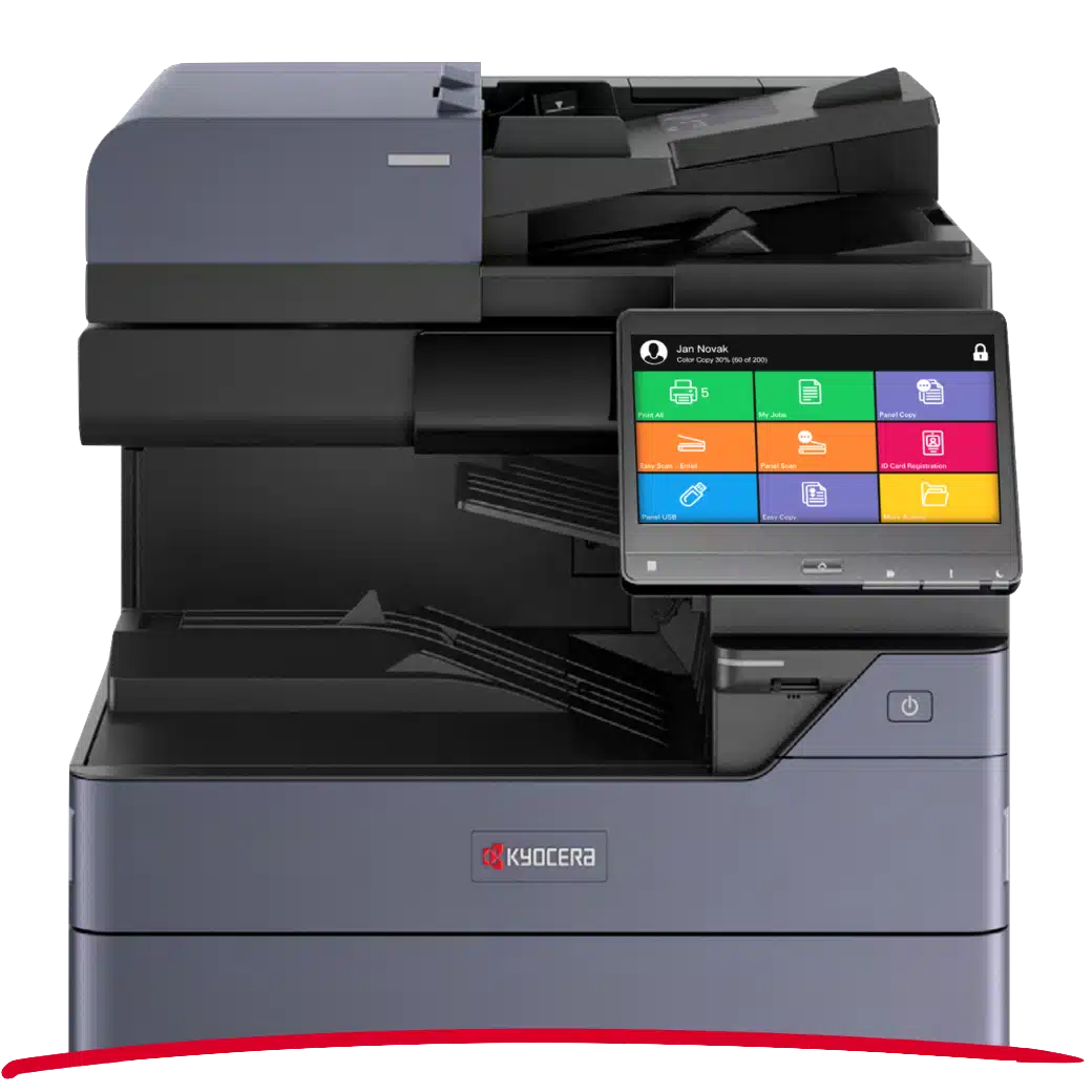 Zakelijke printer met MQ-merk op scherm, geschikt voor kantooromgeving